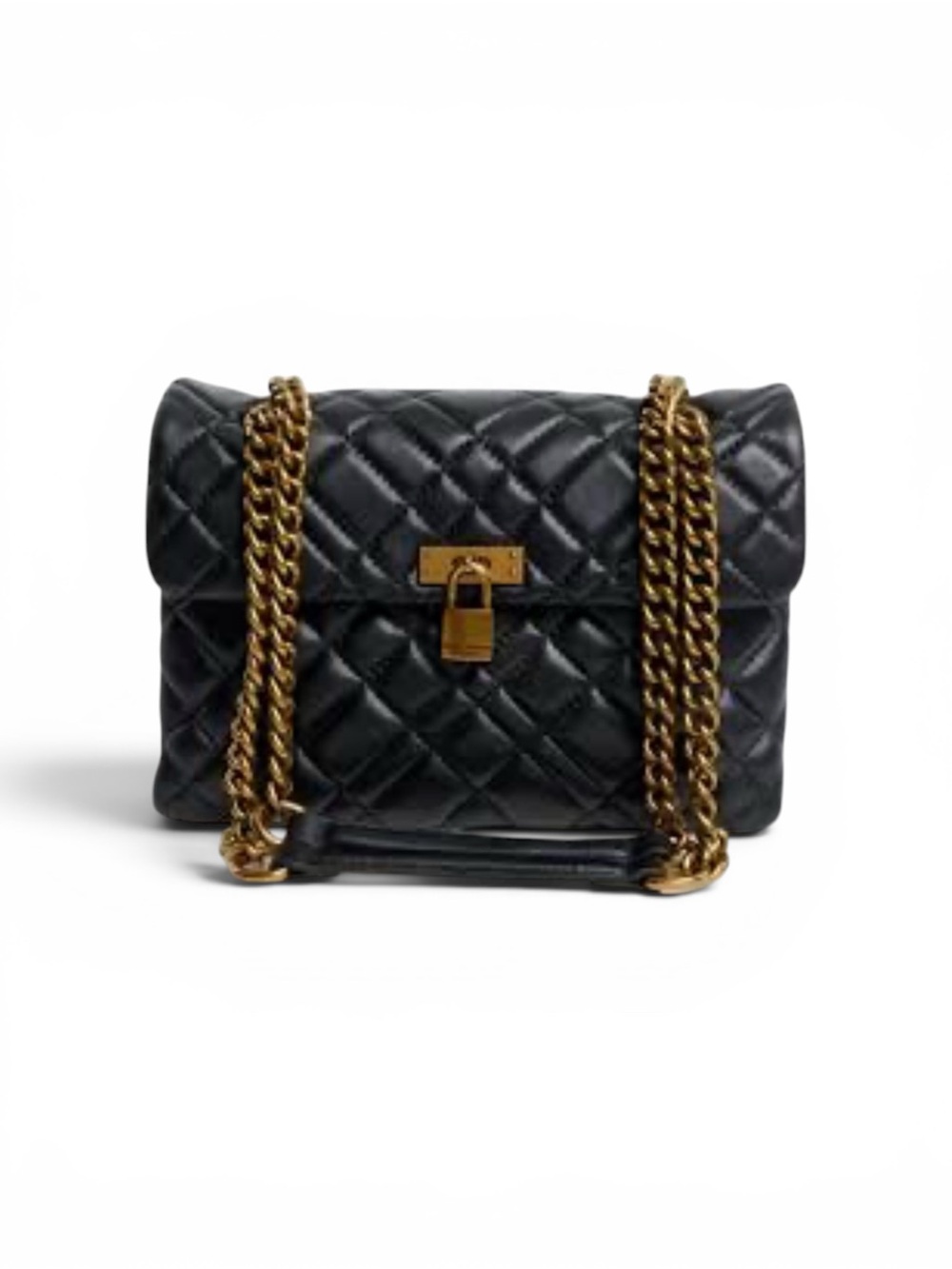 Kurt Geiger Quilted Black Bixton with Gold Lock and Chain Strap Purse